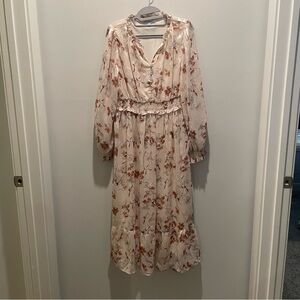 Polagram Floral Long Sleeve Dress in Cream and Brown